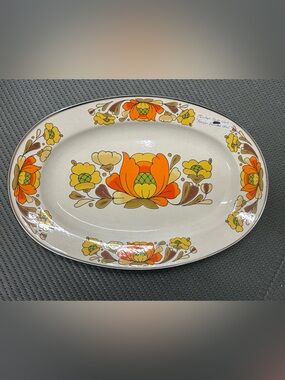 Sanko Ware Country Flowers Vintage Porcelain Enameled Serving Platter 18x12